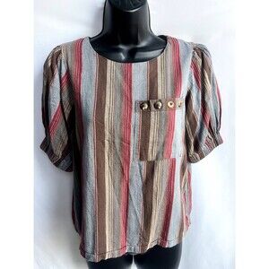 Elephant Striped Short Sleeve Blouse Lagenlook Prairie Cottagecore Brown S/M